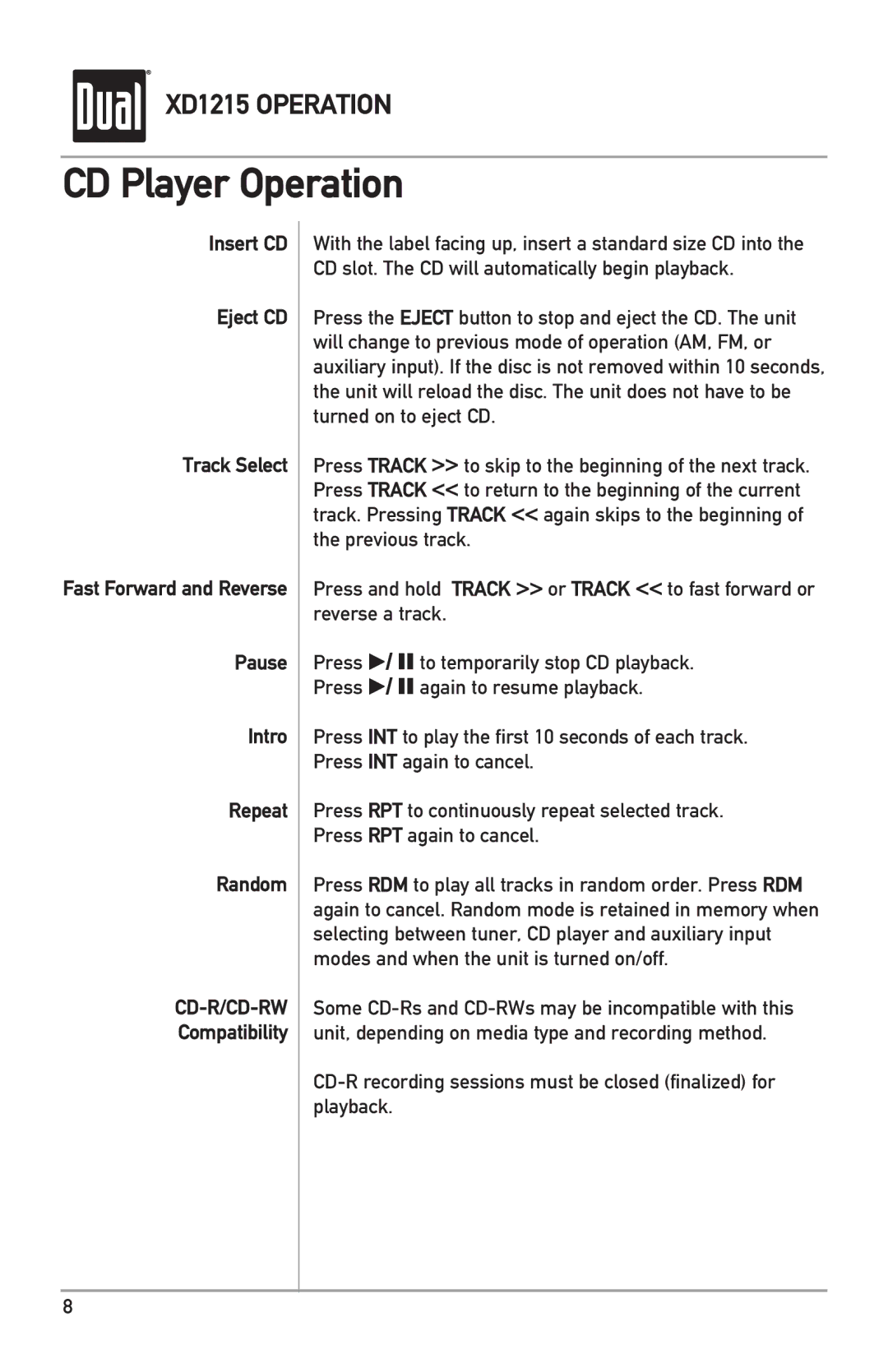 Dual XD1215 owner manual CD Player Operation, Compatibility 